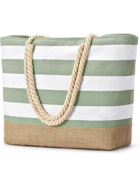 Women's Light Green Large Canvas Jute Beach Tote Bag Sandproof Swim Pool Bag